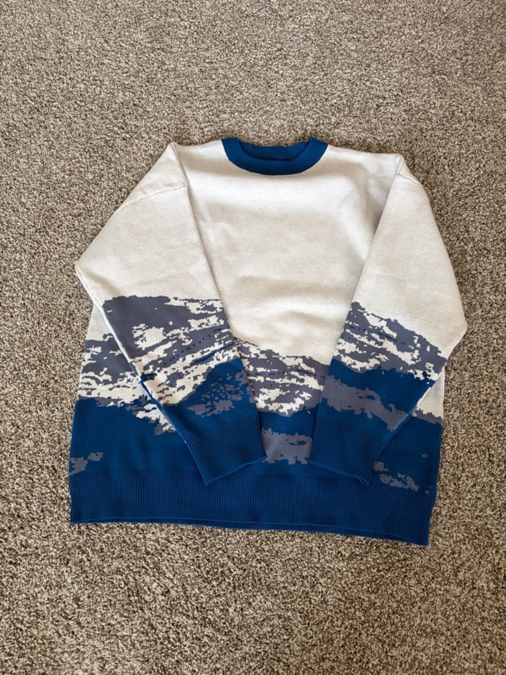 Cream & Blue Patterned Crewneck Sweater